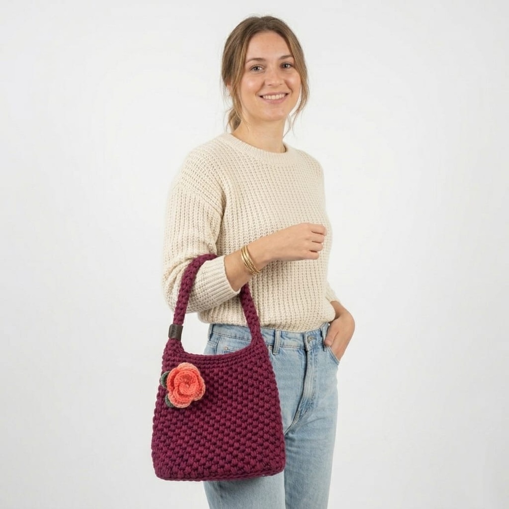🌸Handmade Crocheted Rose Accent Tote — Burgundy